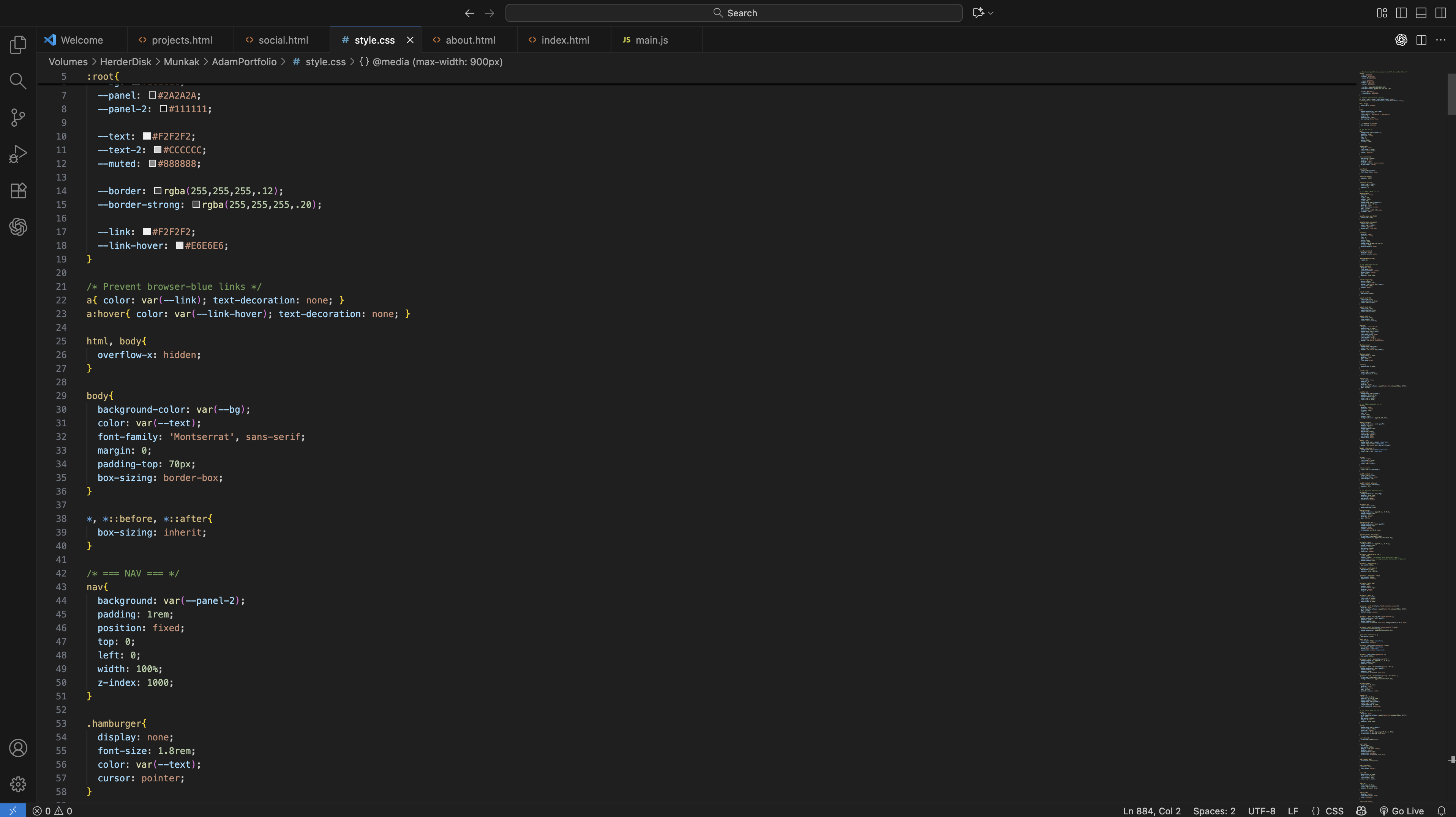 VS Code screenshot of CSS variables and components