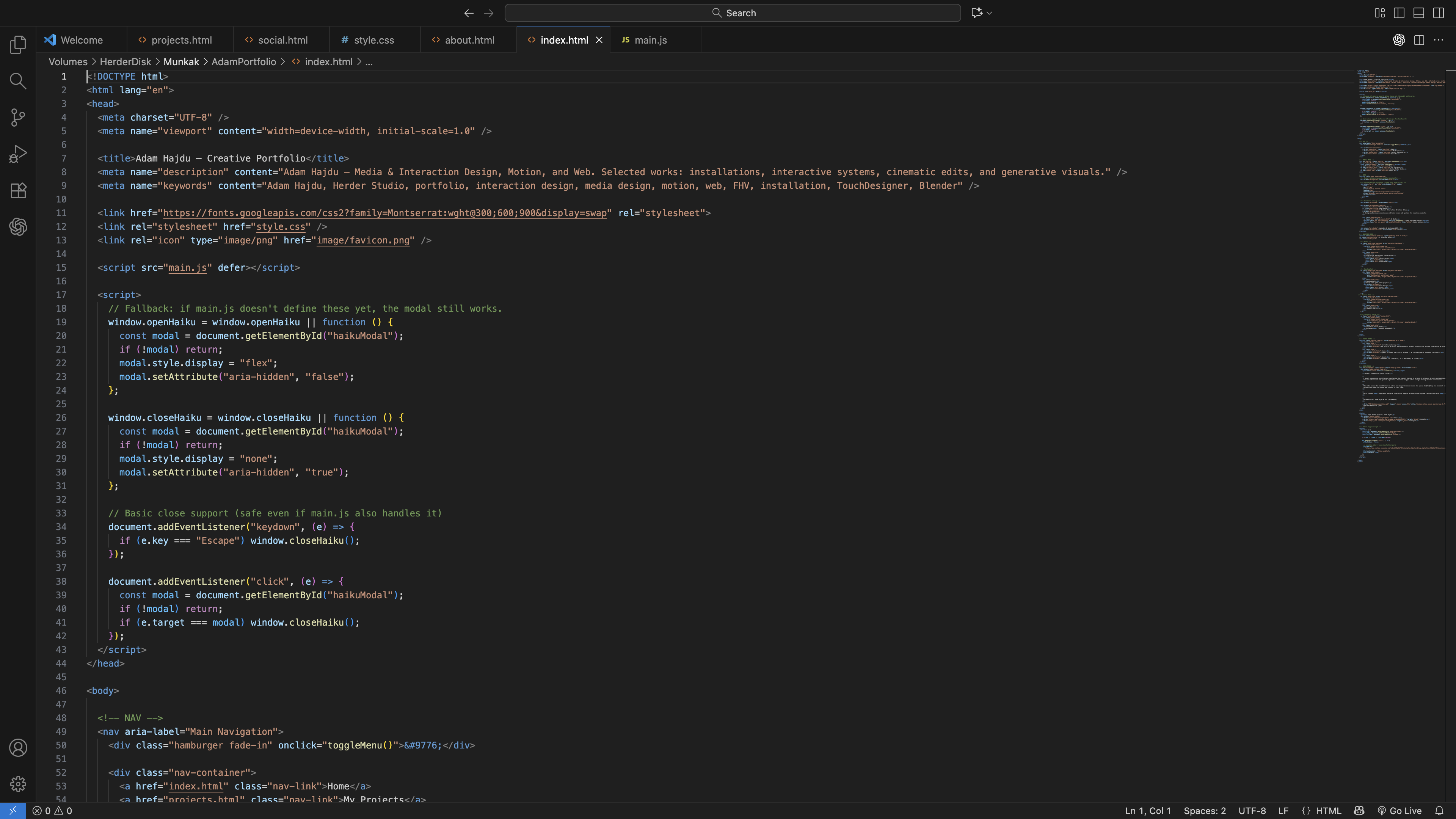VS Code screenshot of index.html and hero section