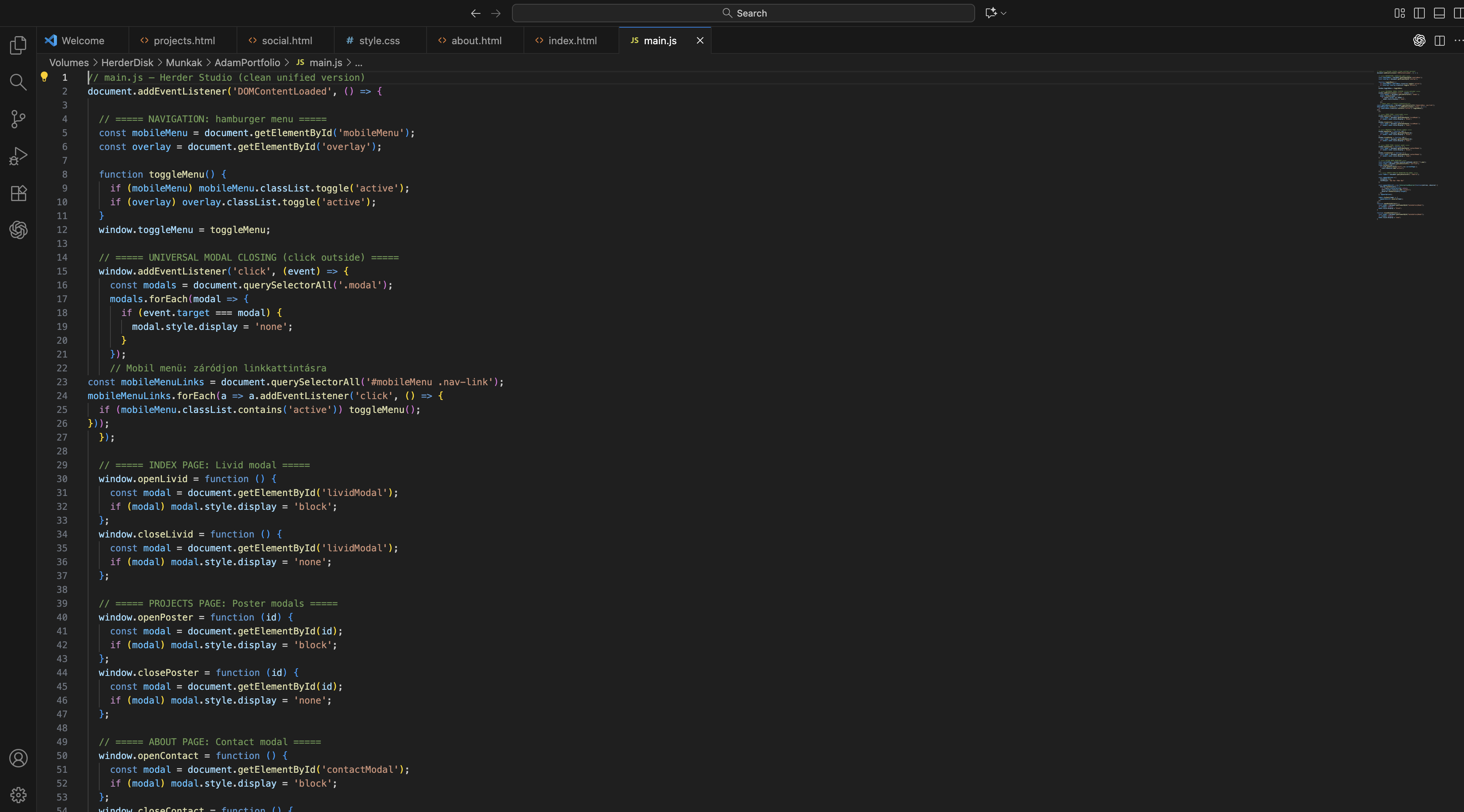 VS Code screenshot of JavaScript for menu and modals